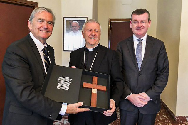 Chris Ellison and Francis Campbell with His Eminence Cardinal Giuseppe Versaldi (Cardinal Prefect of the Congregation for Catholic Education). Photo: Supplied.
