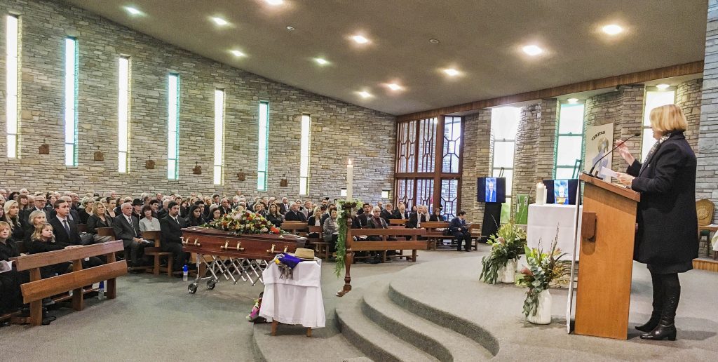 Police Minister Michelle Roberts delivers the parliamentary eulogy for John Kobelke at Our Lady of the Rosary Church, Doubleview Parish. Photo: Supplied.