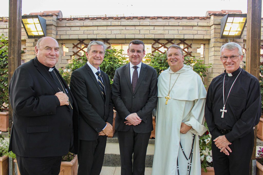 From left, Broome Bishop Christopher Saunders, Chris Ellison, Francis Campbell, Archbishop Anthony Fisher OP, and Archbishop Timothy Costelloe SDB. Photo: Supplied.