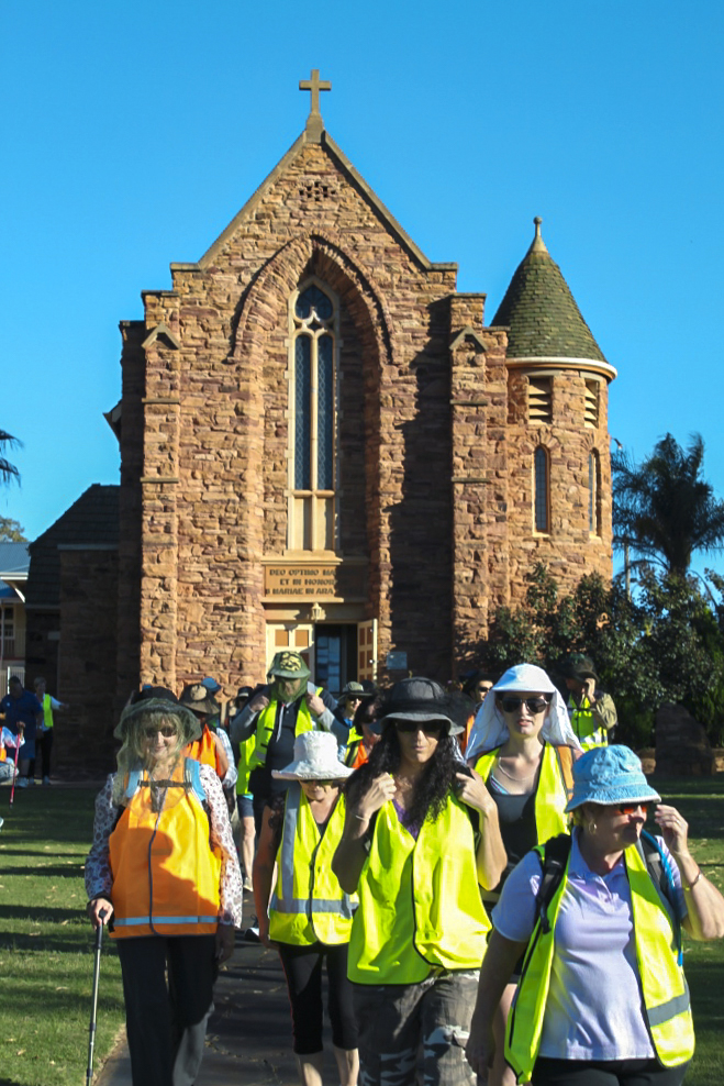 Pilgrims on the Camino San Francisco leave The Church of Our Lady in Ara Coeli, Northampton WA. Photo: Supplied.