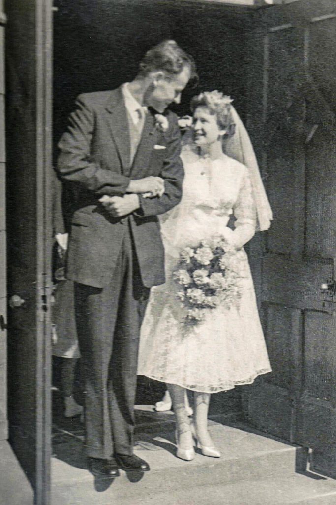 The couple at their wedding, which took place in England at the parish church of St Anne’s on 29 August 1959. Photo: Peter Dymond.
