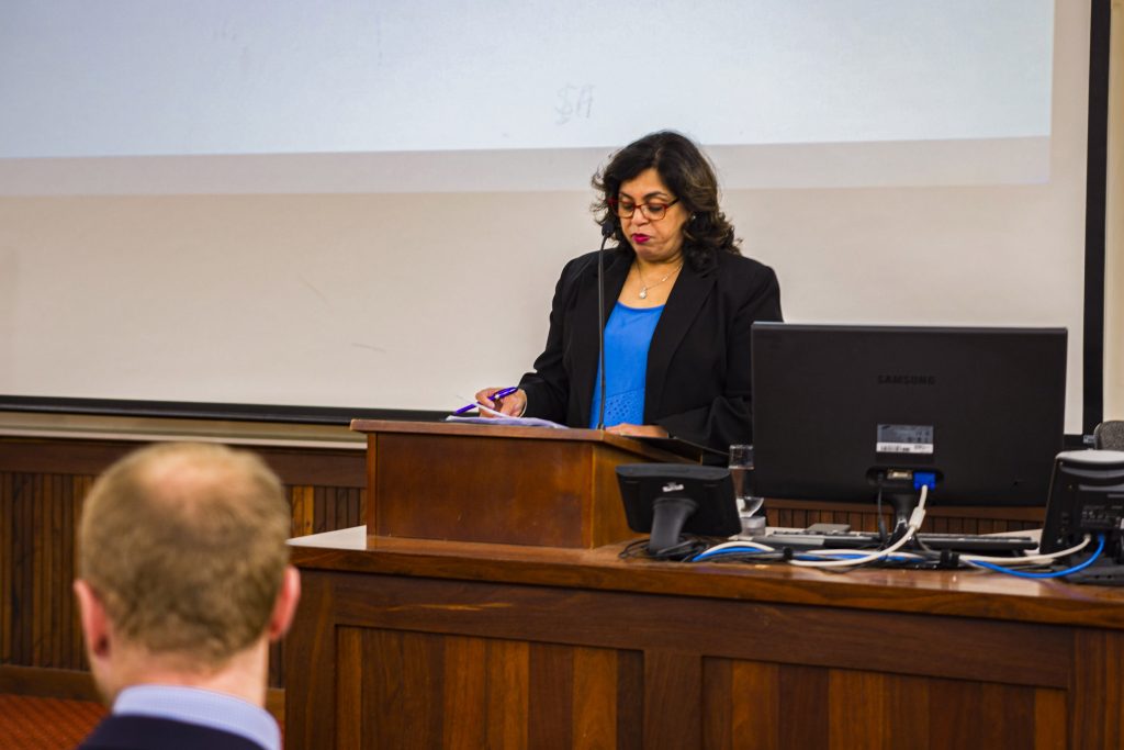 Head of Campus, Prof Selma Alex, introduces Fr Collins and his long list of credentials, much to the embarrassment of Fr Collin’s down-to-earth modesty. Photo: Eric Martin.