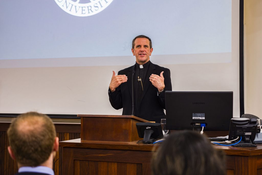 Fr Chris Collins SJ, an US expert in Jesuit spirituality, speaks at the public lecture on Three Moments of the Day: Praying with the Heart of Jesus, at the University of Notre Dame Australia, Fremantle, Thursday 25 July, 2019. Photo: Eric Martin.