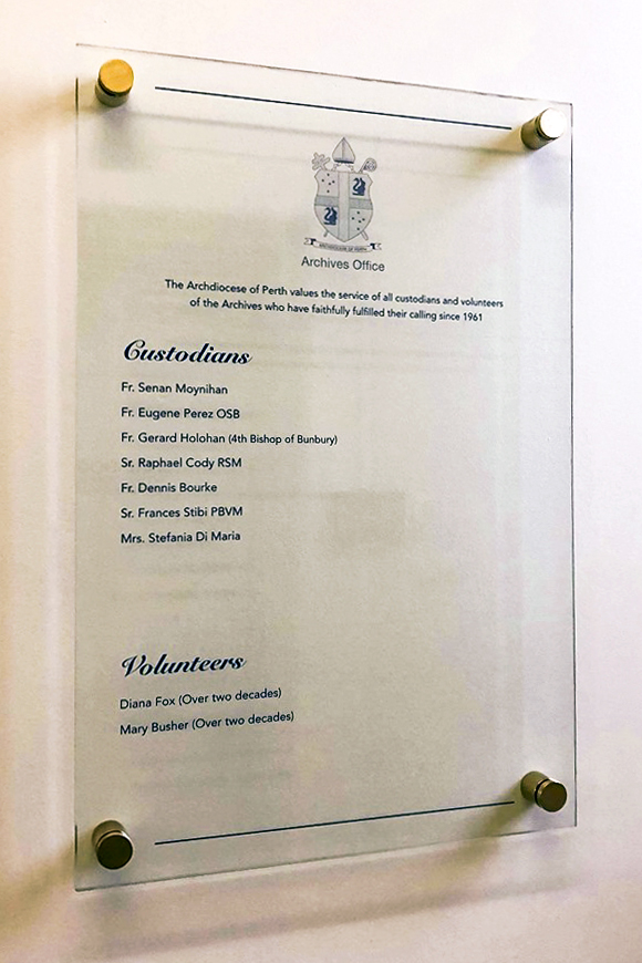 The newly installed Archives Office Honours Board, in recognition of all custodians and volunteers of the Archives who have faithfully fulfilled their calling since 1961, designed and installed by Creative Spaces. Photo: Supplied.