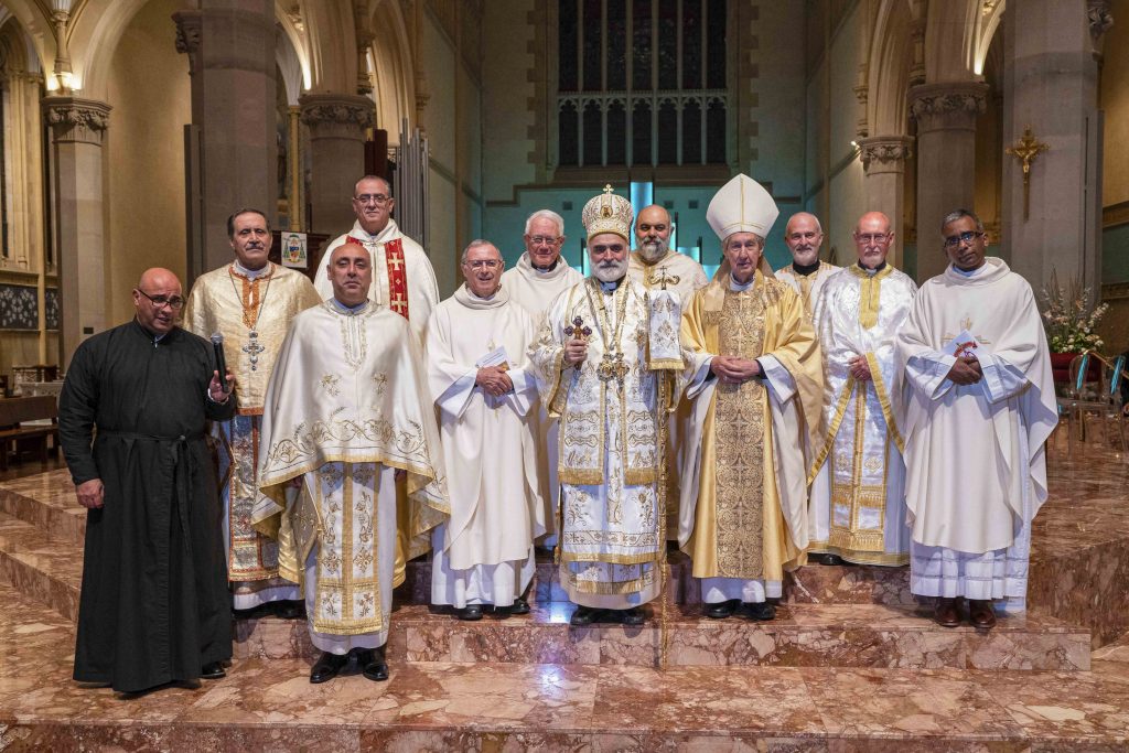 Serving the Divine Liturgy was Melkite Catholic Eparch of Australia and New Zealand, Most Reverend Bishop Robert Rabbat, was joined by representatives of the other Catholic Churches, which included Emeritus Archbishop Barry Hickey, Fr Peter Whitely VG, Monsignor Michael Keating, Fr Ibrahim Sultan VG, Cathedral Dean Fr Sean Fernandez, Fr Elias Kilzi, Fr Kevin Cummins, Fr Elie Francis, Fr John Howard, and Fr Richard Charlwood. Photo: Josh Low.