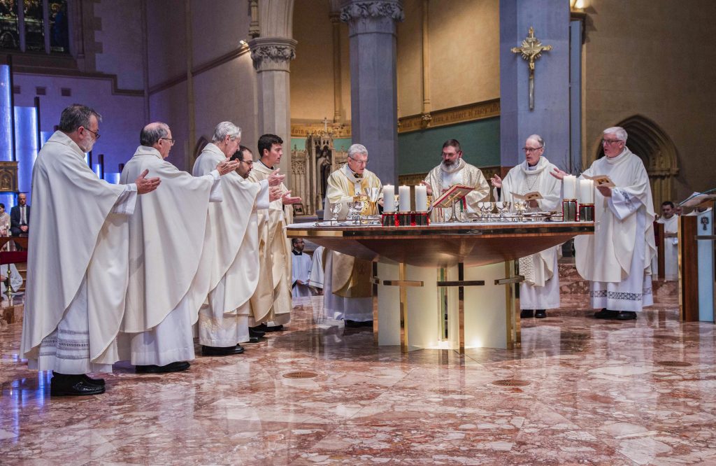 From left: Fr Michael Moore SM, Fr Peter Whitely VG, Emeritus Archbishop Barry Hickey, Fr Matteo Verdi, Fr Liam Ryan, Archbishop Timothy Costelloe SDB, Fr Mark Rucci, Auxiliary Bishop Donald Sproxton, and Fr Phillip Fleay celebrate the Eucharist at St Mary’s Cathedral on 16 August. Photo: Jamie O’Brien.