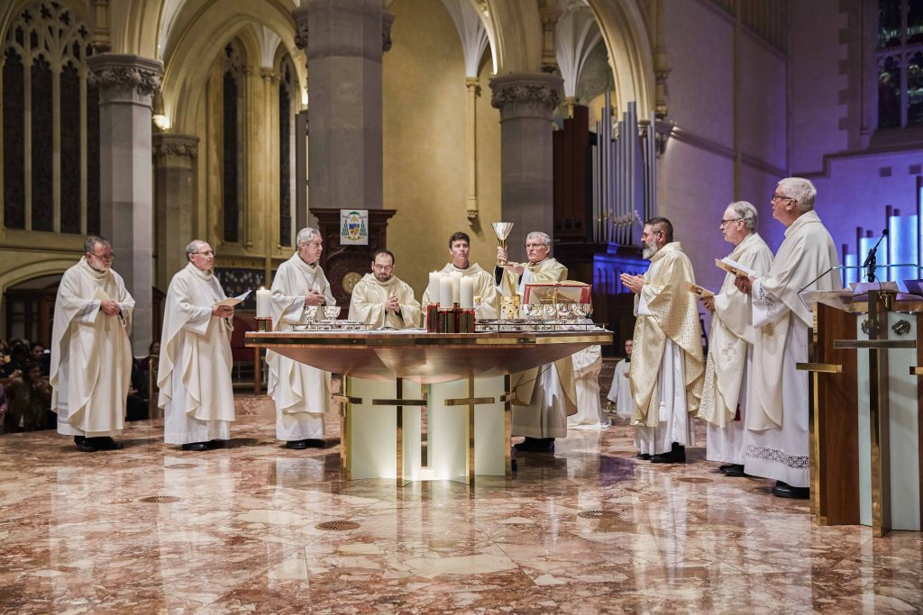 From left: Fr Michael Moore SM, Fr Peter Whitely VG, Emeritus Archbishop Barry Hickey, Fr Matteo Verdi, Fr Liam Ryan, Archbishop Timothy Costelloe SDB, Fr Mark Rucci, Auxiliary Bishop Donald Sproxton, and Fr Phillip Fleay celebrate the Eucharist at St Mary’s Cathedral on 16 August. Photo: Ron Tan.