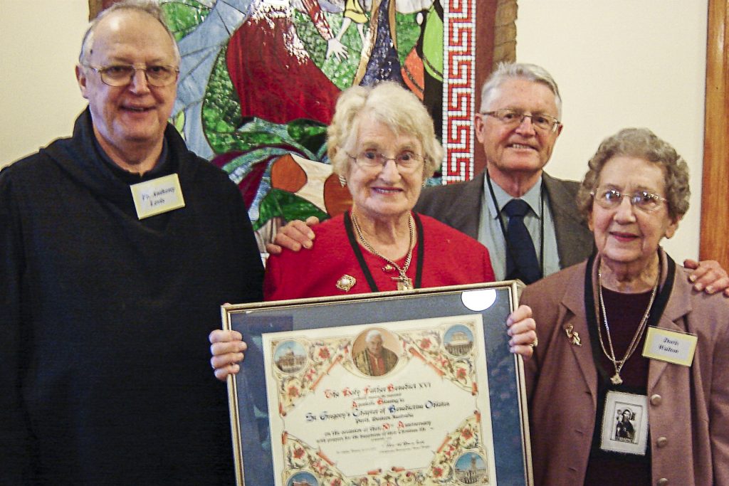 Fr Anthony Lovis OSB, long-time Oblate Adrienne Byrne, Oblate president Tony Smurthwaite and secretary Doris Walton at the 50th anniversary celebration of the founding of the Chapter with an Apostolic Blessing in 2008. Photo: The Record.
