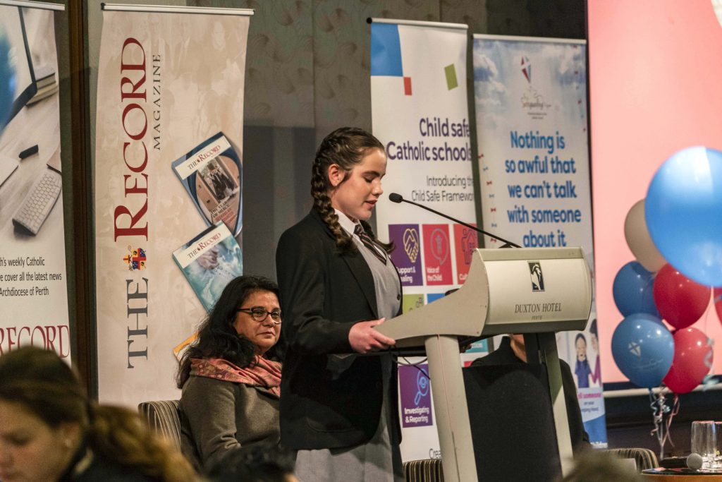 Year 10 Prendiville Catholic College student Sophie Hansen shared her ideas on what safety means, based on the views and suggestions from students from every year group at the annual Safeguarding Breakfast held on 5 September at Duxton Hotel. Photo: Josh Low.