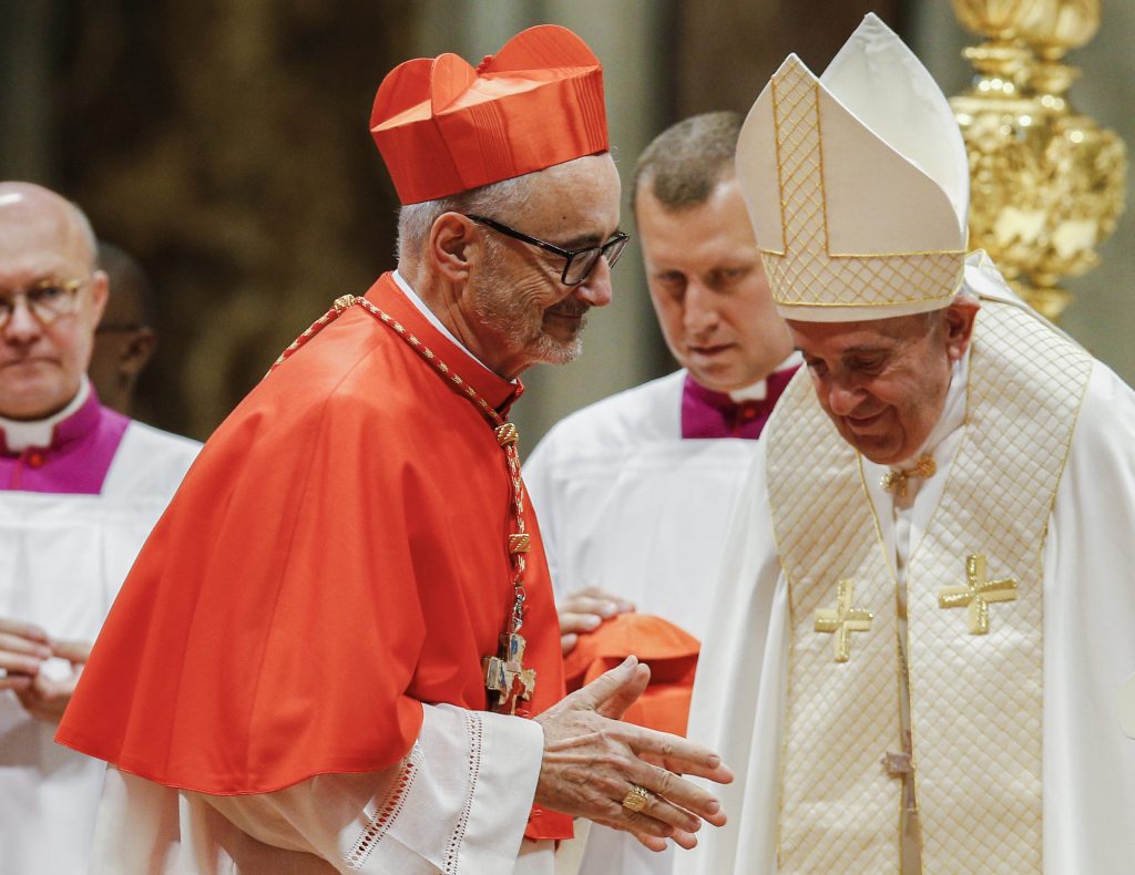 New Canadian Cardinal Michael Czerny is pictured after receiving his red biretta from Pope Francis during a consistory for the creation of 13 new cardinals in St. Peter's Basilica at the Vatican on 5 October 2019. Photo: Paul Haring/CNS.