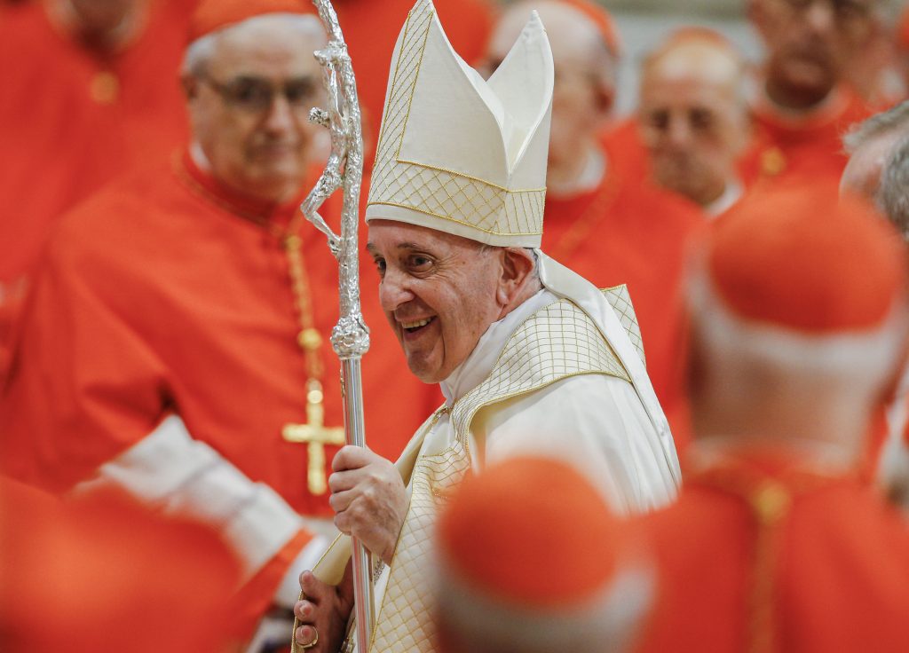 Pope Francis leaves in procession after a consistory for the creation of 13 new cardinals in St. Peter's Basilica at the Vatican on 5 October 2019. Among the new cardinals was Canadian Cardinal Michael Czerny, undersecretary of the Migrants and Refugee Section of the Vatican Dicastery for Promoting Integral Human Development. Photo: Paul Haring/CNS.
