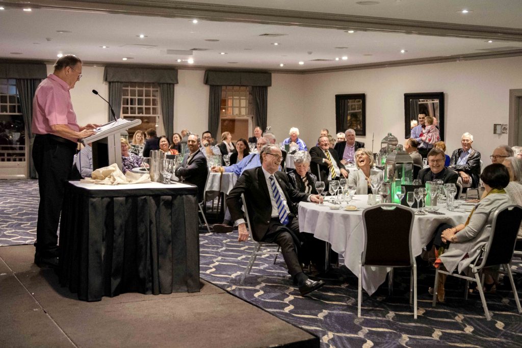 Deacon Tony Cunningham of Darwin Diocese keeps attendees entertained at the 2019 NAD Conference dinner, held at Esplanade Hotel on 5 October. Photo: Matthew Lau.
