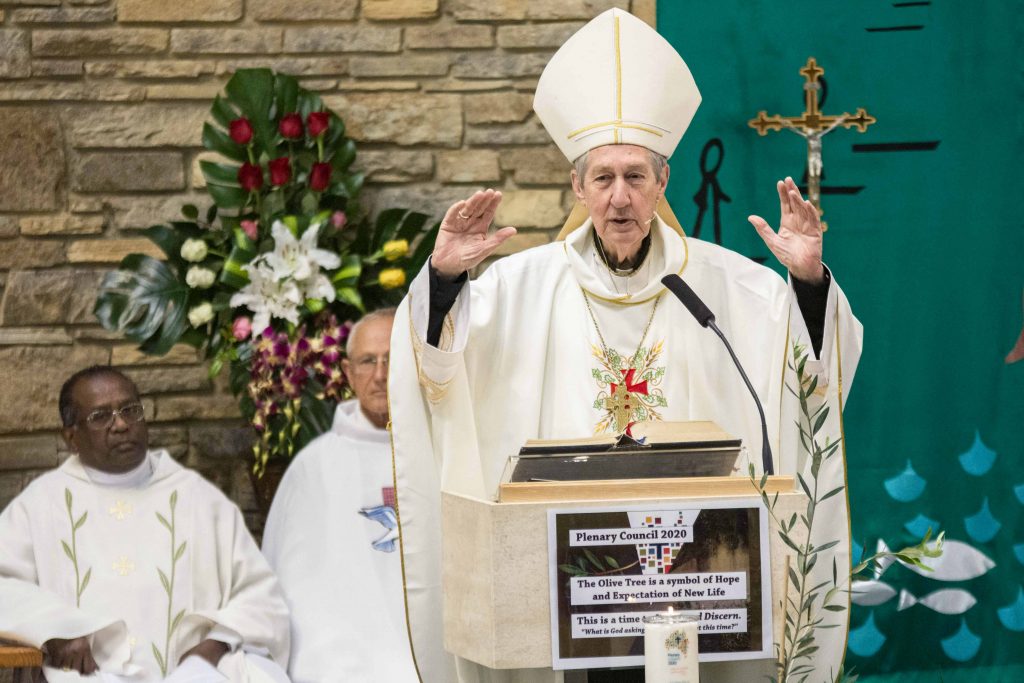 Special guest celebrant Emeritus Archbishop Barry Hickey delivers his homily at St Francis of Assisi Church on 6 October. Photo: Matthew Lau.