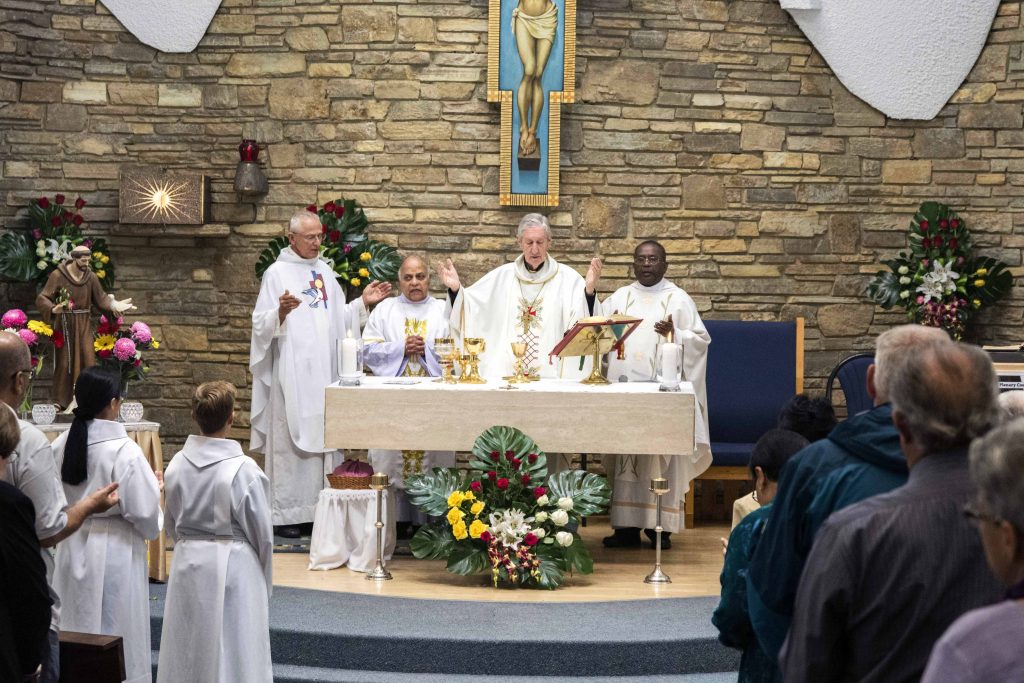 The Feast of St Francis of Assisi Mass was celebrated by Fr Alfonsas Savickis, Dcn Trevor Lyra, Emeritus Archbishop Barry Hickey, and Fr Joseph Rathnaraj on 6 October. Photo: Matthew Lau.