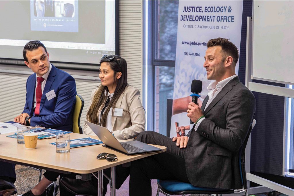 Archdiocese of Perth Communications Manager Jamie O’Brien, Digital Branding Specialist Jamie Brook, and Director and Head of Video at Iceberg Media Andrea Bernardino headed a panel discussion at the Perth launch of the 2019 Social Justice Statement held on 26 September at the Newman Siena Centre. Photo: Josh Low