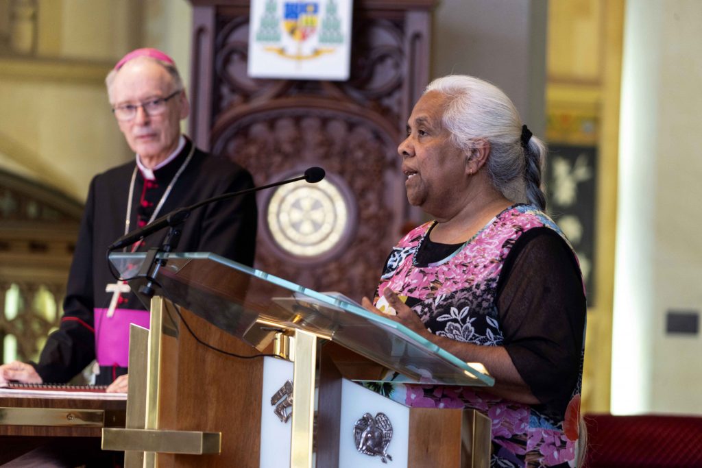 Aboriginal Catholic Ministry Director Donella Brown provided the Welcome to Country for the Interfaith Prayer Service on Sunday 29 September at St Mary’s Cathedral. Photo: Josh Low.