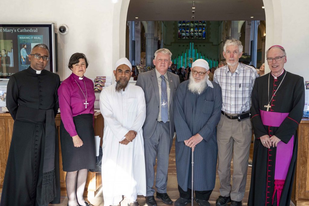 St Mary’s Cathedral Dean Rev Dr Sean Fernandez, Anglican Bishop Kate Wilmott, Perth Mosque Iman Mohammed Shakeeb, Uniting Church Moderator Rev Steve Francis, Dr Doug Bridge and Perth Catholic Auxiliary Bishop Don Sproxton came together in the spirit of prayer and dialogue on Sunday 29 September. Photo: Josh Low.