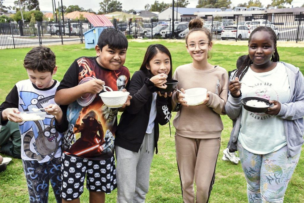 Students at St Jude’s Catholic Primary School arrived at school in pyjamas for Rice Day. Photo: Supplied.
