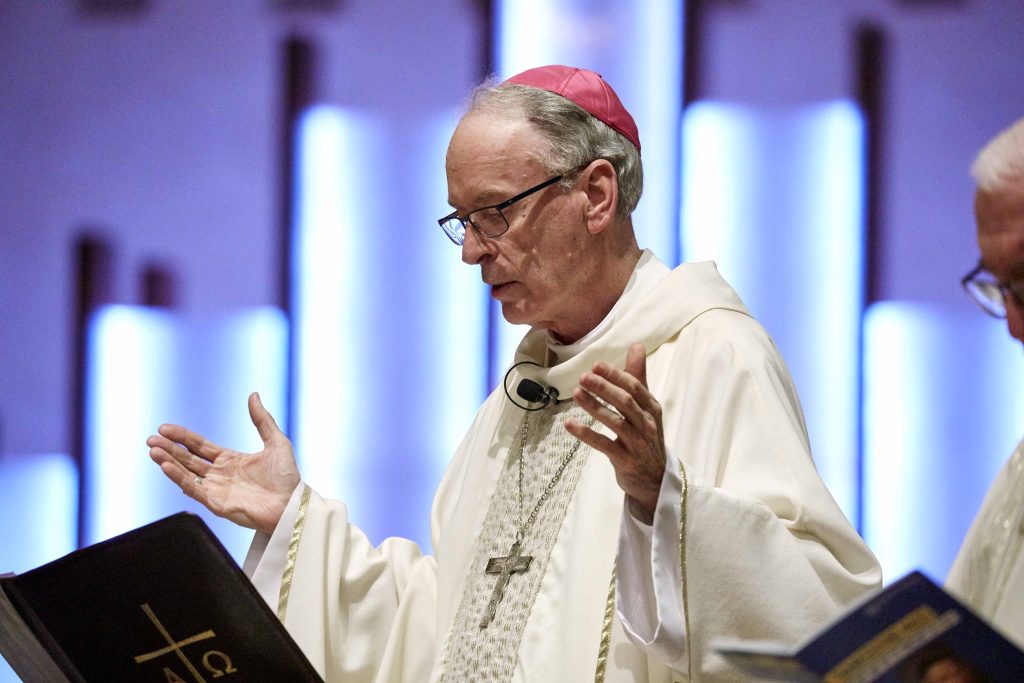 Auxiliary Bishop Donald Sproxton delivers the homily at the SVDP Thanksgiving Mass. Photo: Ron Tan.