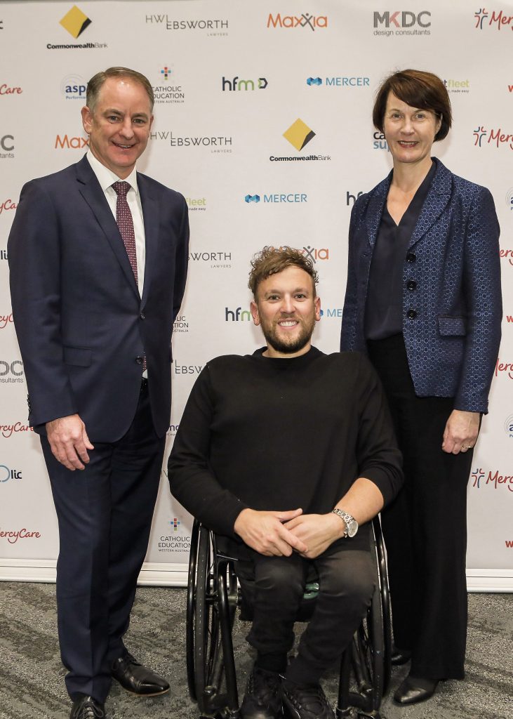 MercyCare CEO Anthony Smith, Orator Dylan Alcott and MercyCare Board Chair Mary Woodford at the MercyCare Oration 2019 at the Perth Convention and Exhibition Centre on September 23. Photo: MercyCare. Photo: MercyCare.
